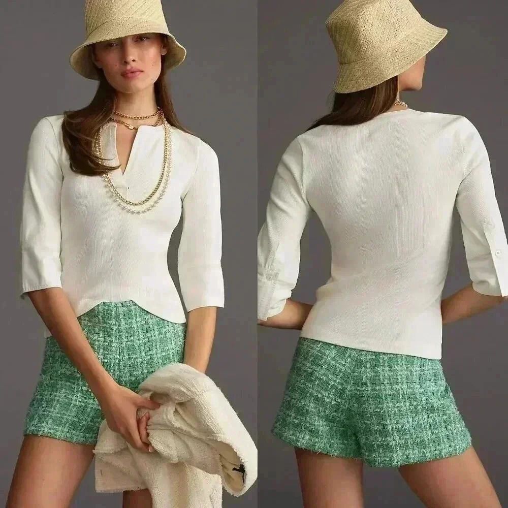Anthropologie Maeve Cuffed Popover Top in White Size XXS NWOT $58